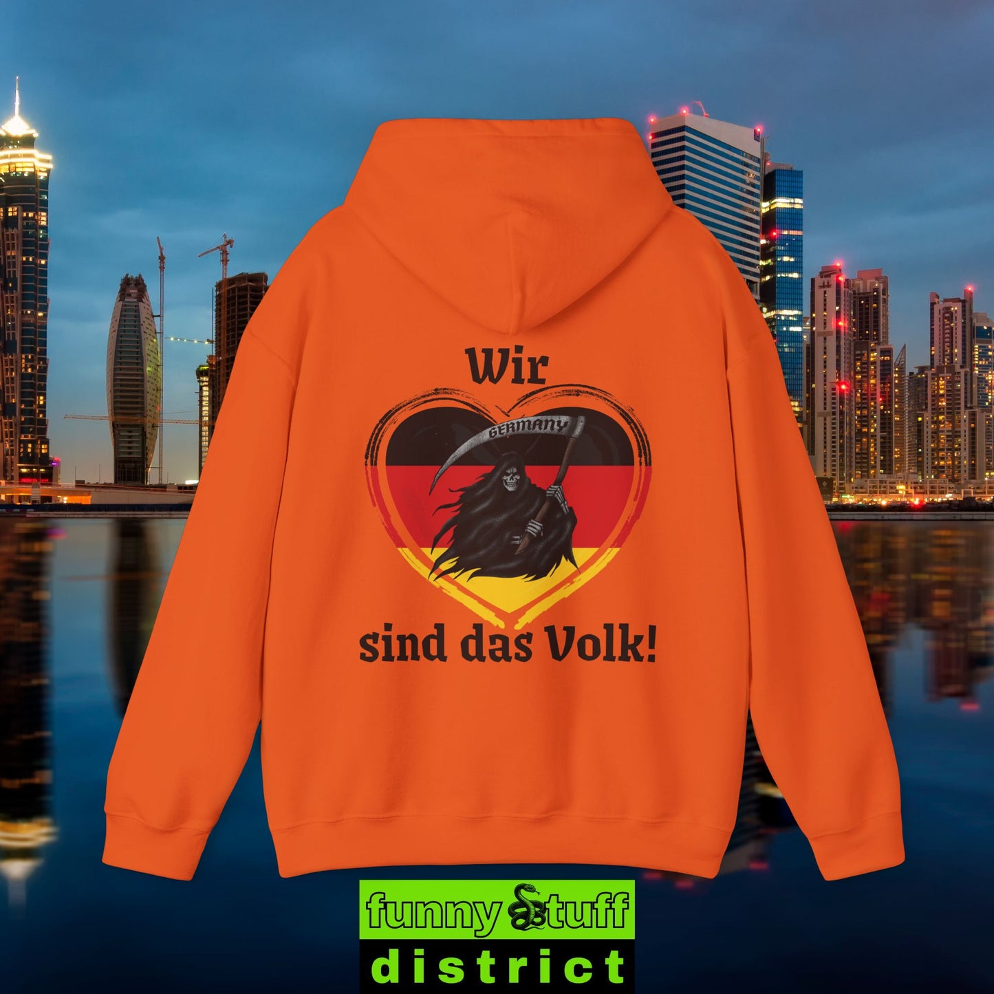 Hoodie von vorne Motiv Wir sind das Volk in orange von hinten