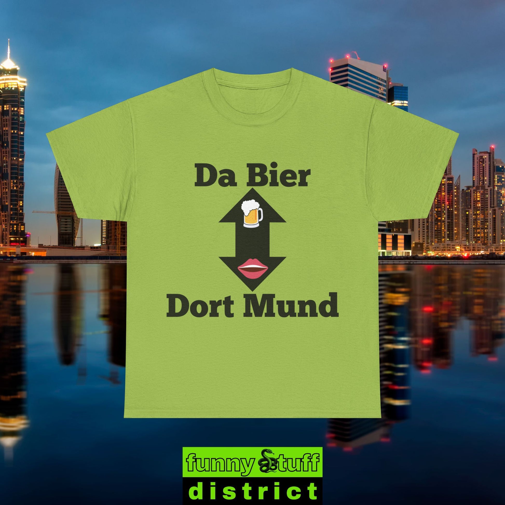 T-Shirt Baumwolle Motiv Da Bier Dort Mund von vorne in kiwigrün