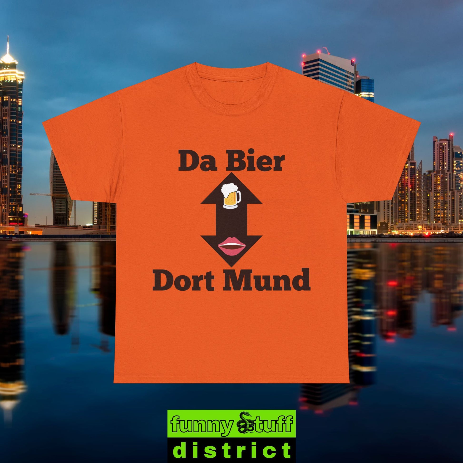 T-Shirt Baumwolle Motiv Da Bier Dort Mund von vorne in orange