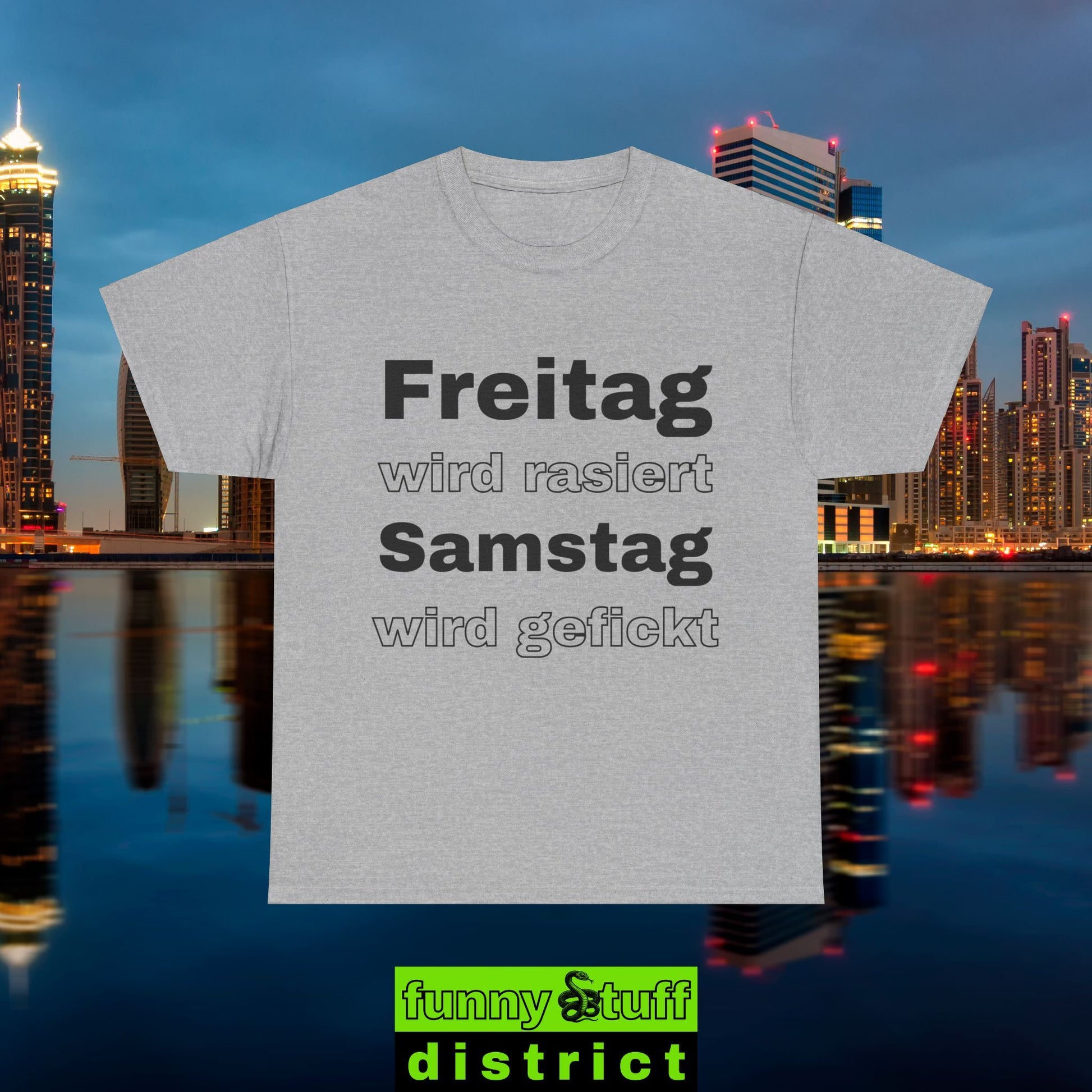 T-Shirt Baumwolle in sportgrau von vorne Motiv Freitag wird…