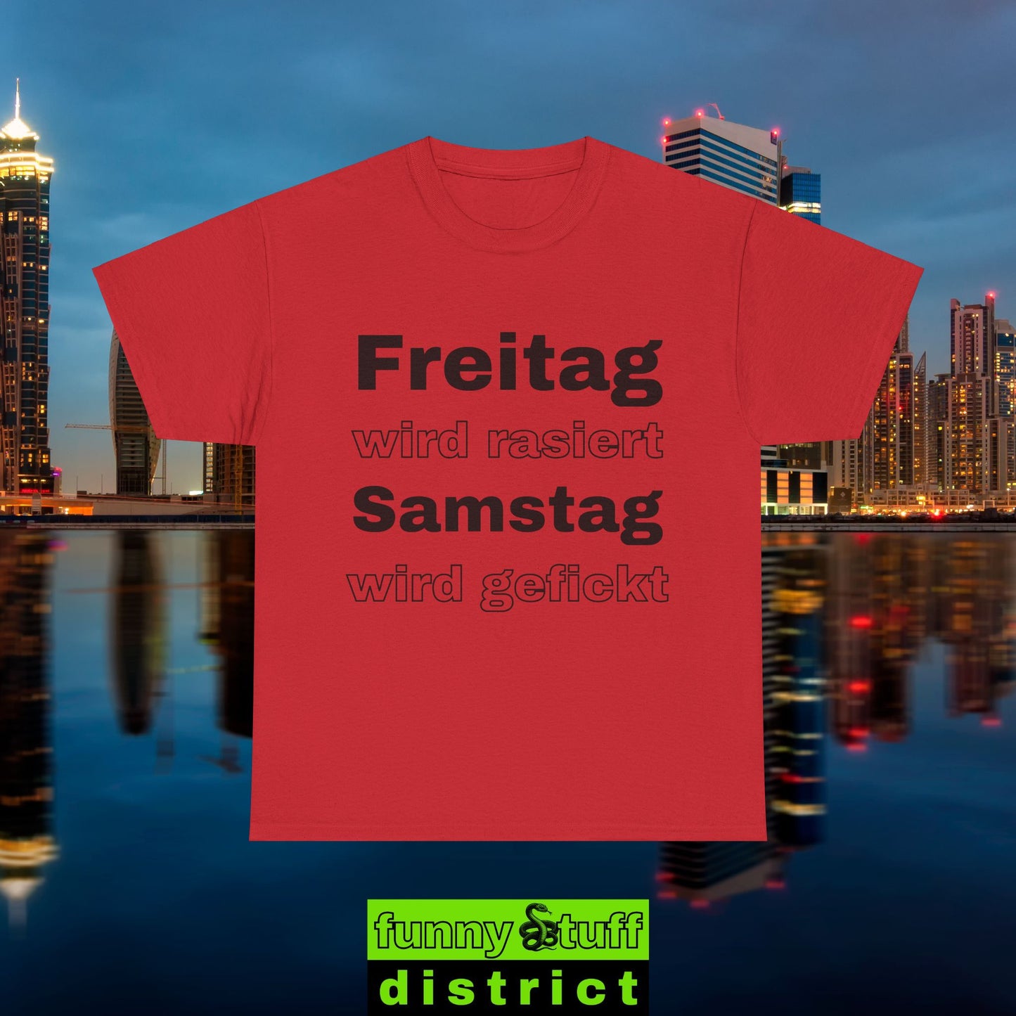 T-Shirt Baumwolle in rot von vorne Motiv Freitag wird…